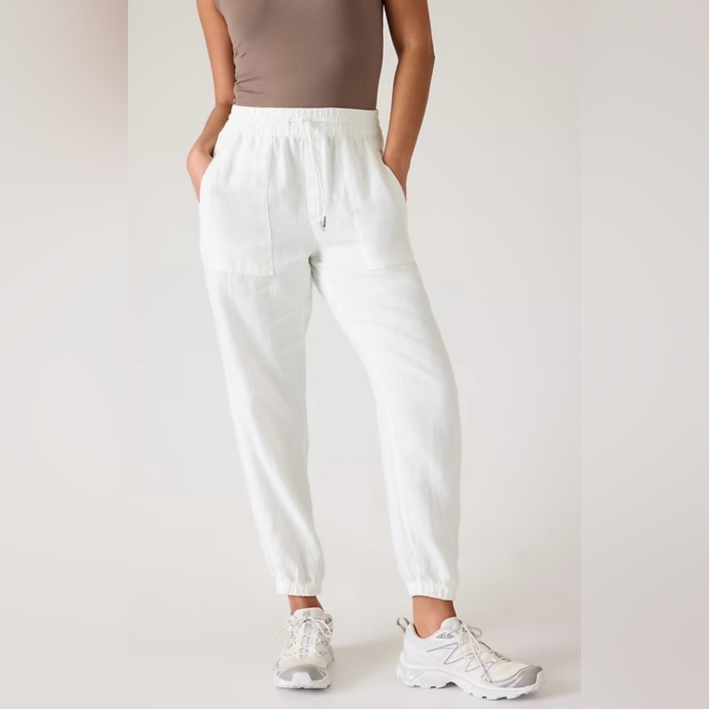 Athleta Retreat 100% Linen Pants / Joggers In White (Calla Lilly) Size L